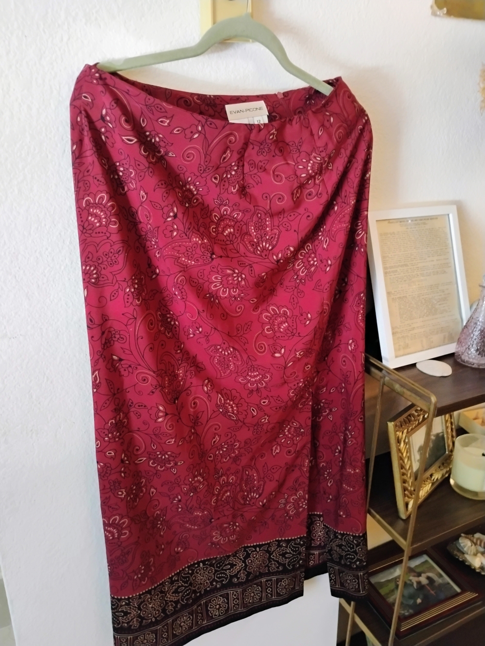 Vintage Evan-Picone Cranberry Paisley Border Midi Skirt Whimsigoth Size 12